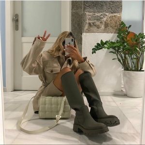 Zara Green Rubberized Knee High Lug Sole Boots